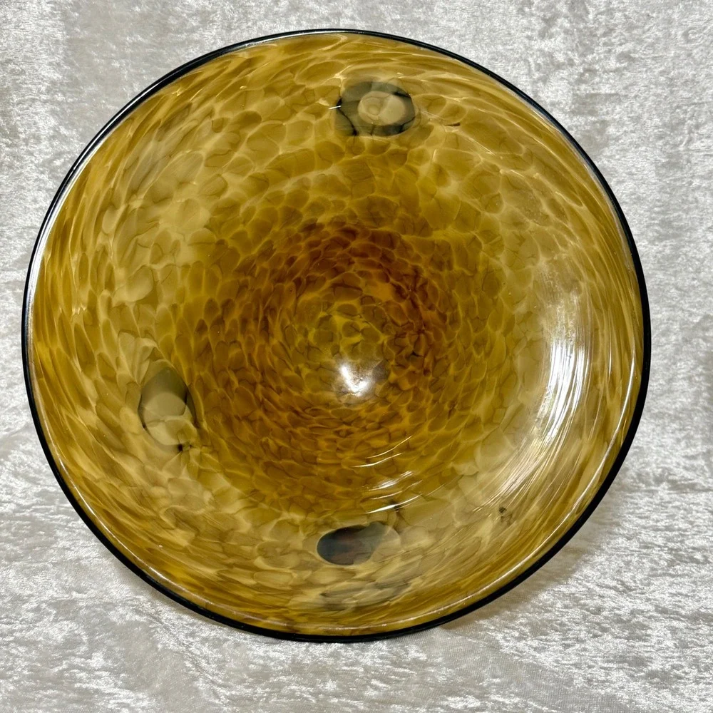 Amber Swirl Bowl‎ Cleat Pedestal Dark Rim Glass Decorative Trinket Dish 6